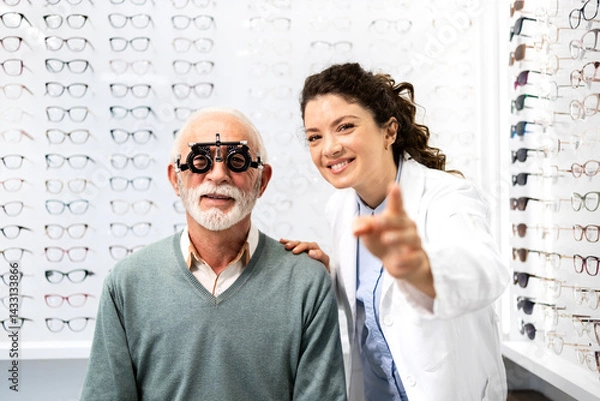 Obraz Experienced female optician testing senior man eyesight and diopter in optic store using test instrument eyeglasses.