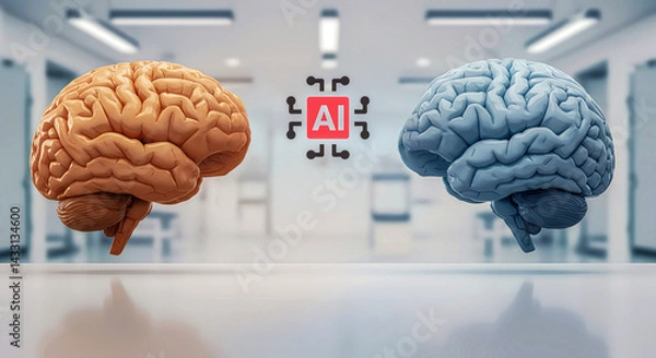 Fototapeta AI vs human brain in healthcare concept with two brains in lab