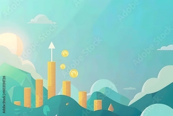 Obraz   Financial growth chart with coins and rising arrow with landscape