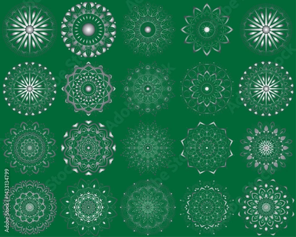 Fototapeta Horizontal mandala ornament set with Sacred Geometry Forms, . Vector illustration. Geometric Occult Design, Gold Alchemy Symbol, White Witch on Green Background. Esoteric Prints template