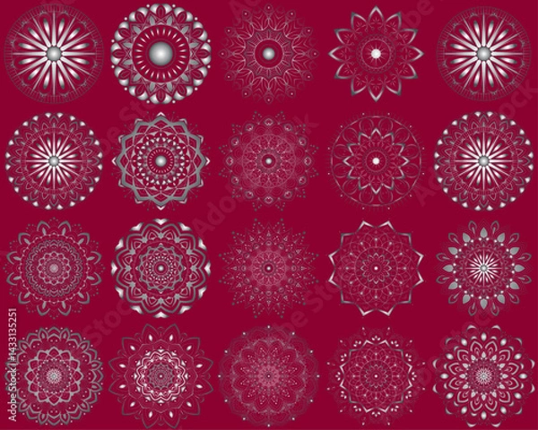 Fototapeta Horizontal mandala ornament set with Sacred Geometry Forms, . Vector illustration. Geometric Occult Design, Gold Floral Symbol, White Witch on Carmine Background. Esoteric Prints template