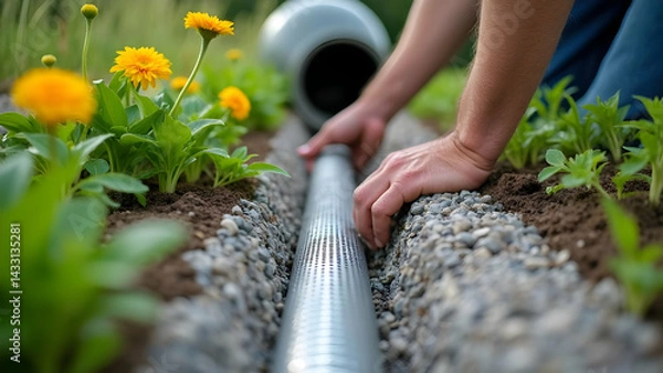 Obraz Installing Garden Drainage System For Healthy Plant Growth