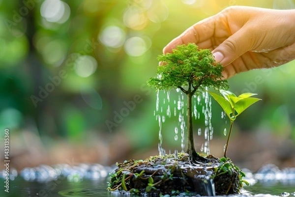 Obraz A hand nurtures a small tree with water, symbolizing environmental care and growth. A small tree on moss-covered ground is being watered from above by a hand.