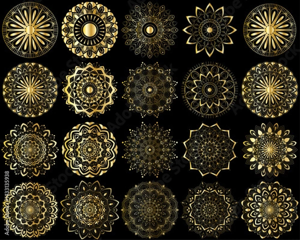 Fototapeta Horizontal mandala ornament set with Sacred Geometry Forms, . Vector illustration. Geometric Occult Design, Gold Floral Symbol, Golden Witch on Black Background. Esoteric Prints template design