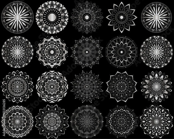 Fototapeta Horizontal mandala ornament set with Sacred Geometry Forms, . Vector illustration. Geometric Occult Design, Gold Floral Symbol, White gradient Witch on Black Background. Esoteric Prints template