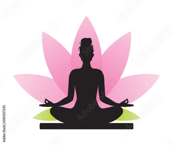 Fototapeta FEMME EN POSITION DU LOTUS DEVANT FLEUR DE LOTUS 2 - Illustration vectorielle