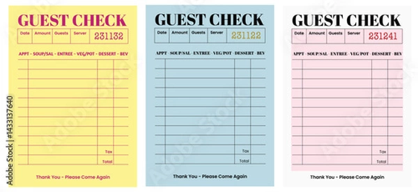 Fototapeta Guest Check List blank receipt template for signages, wall art, posters, postcard. t-shirt design graphics, banners and templates. Use for Travel, restaurant, cafe art decor.