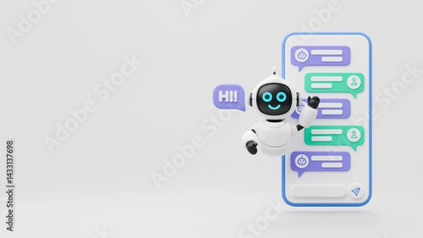 Obraz Chatbot AI Artificial Intelligence technology virtual conversation assistant support mobile smart phone online application chatting with customer service automatic answering. 3d rendering.