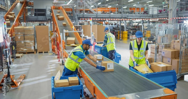 Fototapeta Team of Young Workers Organizing Parcels on a Conveyor in a Busy Warehouse, Ensuring Online Orders Reach Customer Delivery Without Delay. Employees in Safety Vests and Caps Handle Packages at Work
