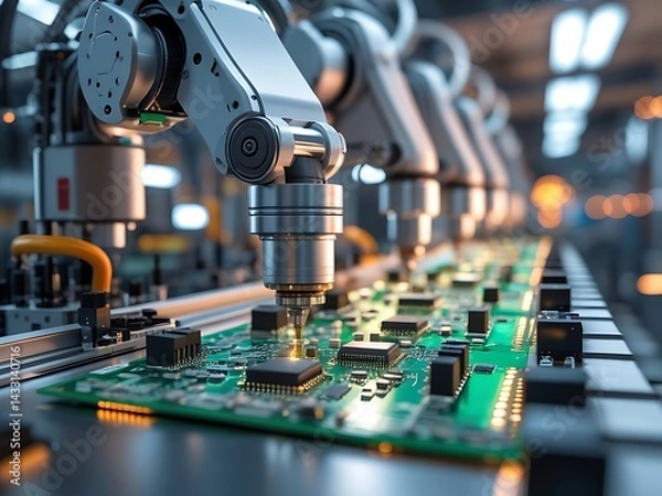Fototapeta High-tech robotic arm assembling electronic circuit board in automated factory line with futuristic industrial lighting

