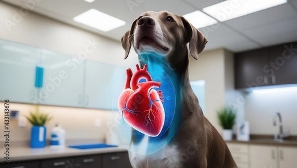 Obraz Veterinary examination of dog with heart illustration in clinic medical environment close-up