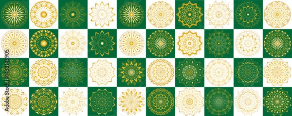 Fototapeta Mandala ornament set with 40 symbol | Esoteric Prints template | Vector floral illustration for graphic design, coloring pages, and pattern creation | Spa concept products and packaging golden-green