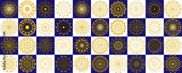 Fototapeta Mandala ornament set with 40 symbol | Esoteric Prints template | Vector floral illustration for graphic design, coloring pages, and pattern creation | Spa concept products and packaging Golden-black