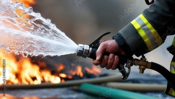 Fototapeta Firefighter extinguishing flames urban setting action shot dynamic environment focused view