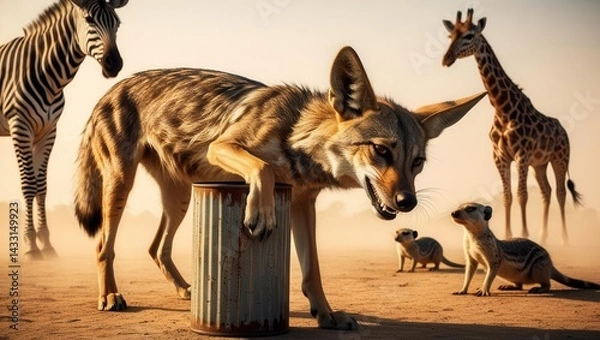 Obraz Coyote searching through trash african savannah wildlife photography natural habitat ground level