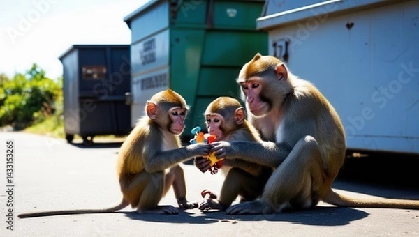 Obraz Playful monkeys interacting in urban environment nature animal photography daylight