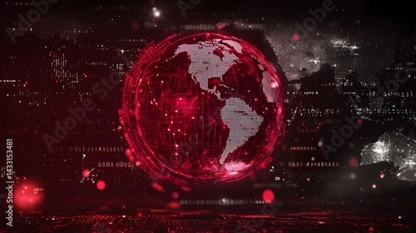 Fototapeta Abstract Digital Representation of a Glowing Red Earth Globe with Data and Network Connections