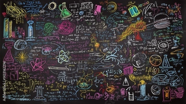 Fototapeta Chalkboard filled with colorful doodles of science, math, and languag