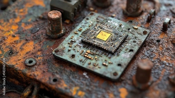 Obraz Rusty circuit board chip, outdoor decay, detail, tech obsolescence