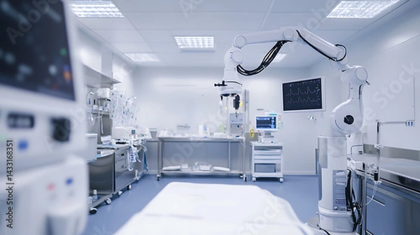 Fototapeta A robotic arm in an AI managed cleanroom, assembling parts for high-precision robots used in semiconductor manufacturing, Tech-tech style