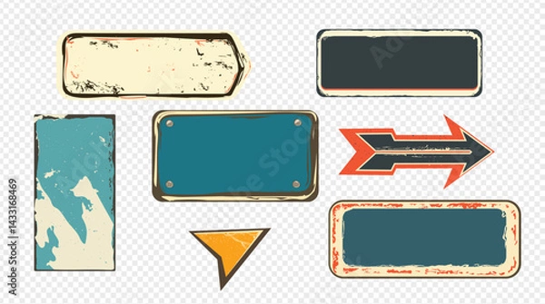 Fototapeta Set of vector stickers isolated from background. Scratchy signs with rust marks and space for your text. Old worn arrows of different shapes. All stickers in grunge style.