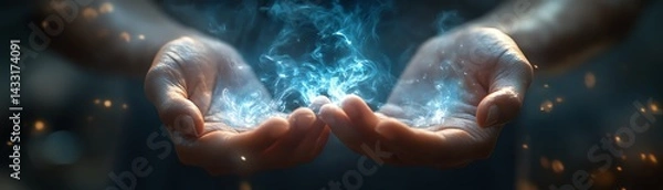 Obraz Hands forming a sacred mudra illuminated by an ethereal glow, symbolizing spirituality and enlightenment.