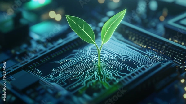 Fototapeta Green sprout sprouting from a computer chip in a close-up shot, symbolizing eco-friendly technology. Its roots intertwine with the chipâs circuits, representing the balance between