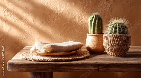 Fototapeta Cactus and Table Setting on Wooden Table with Sunlit Wall