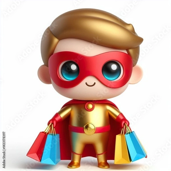 Obraz Cute character 3D image of a gold boy superhero wearing a red mask and red cloak, holding shopping bags on a white background