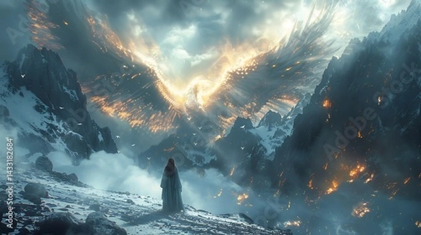 Obraz Infographic Book of Enoch blending futuristic elements noncanonical religious texts and Pseudepigrapha highlighting fallen angels and Nephilim in a hyper realistic style with space for annotations