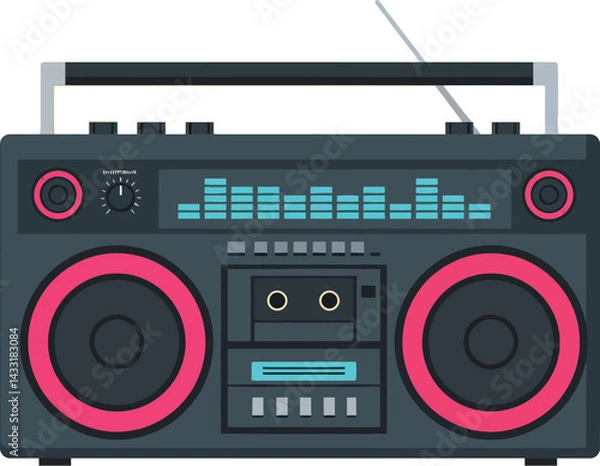 Fototapeta Retro boombox with cassette player and colorful equalizer graphic vector illustration 