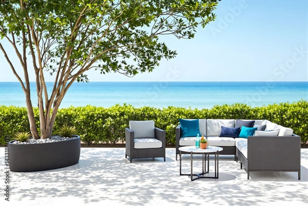 Fototapeta modern gray outdoor sectional sofa set with ocean view