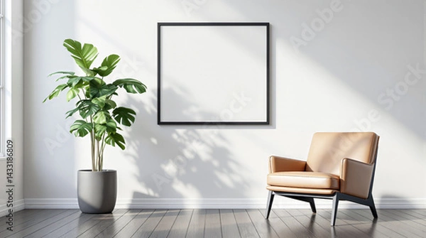 Fototapeta tan leather armchair and large potted plant in a minimalist room with a blank frame