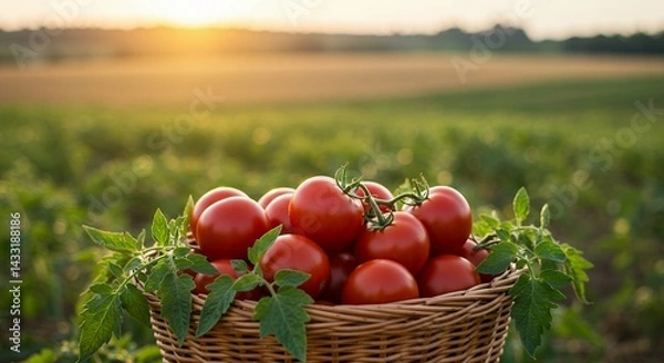 Fototapeta Fresh tomatoes in basket at sunset field