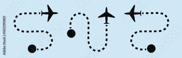 Fototapeta dotted route line the way airplane. Plane paths. Aircraft tracking, planes, travel, map pins, location pins. Vector illustration.