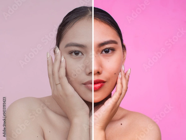 Fototapeta Before and after color grading comparison. Enhanced and retouched photo editing with face and skin smoothing.