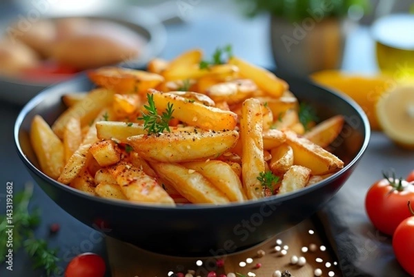 Fototapeta Penne pasta in creamy rose sauce garnished with fresh herbs served in black bowl, with cherry tomatoes and ingredients on rustic wooden table background.