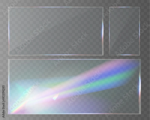 Fototapeta Transparent glass overlays with rainbow glare, prism effect, and glowing light reflections.	