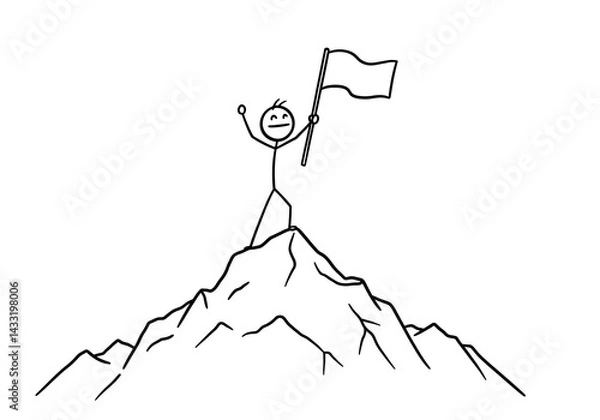 Fototapeta Stick Figure Reaching Mountain Top with Flag: Success Concept