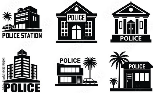 Obraz Police Station Silhouette Vector Set – Law Enforcement Building Collection