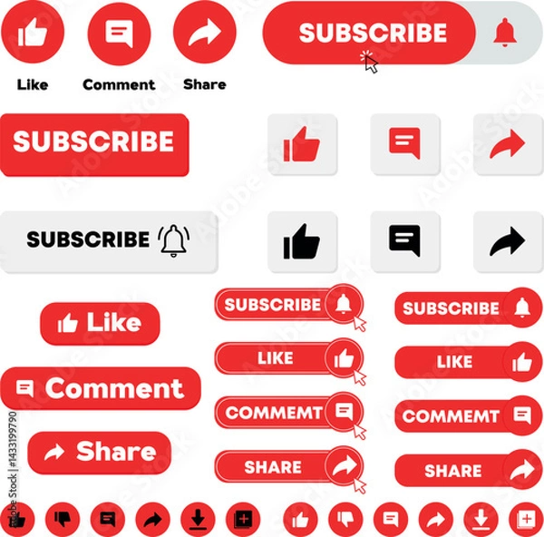 Fototapeta Like comment subscribe vector icons, shapes, signs and symbols for social media interactions. Social communication art and illustration bundle on white background. 