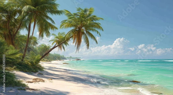 Fototapeta serene tropical beach scene featuring palm trees, soft white sand, and clear turquoise waters bright blue sky. tranquil