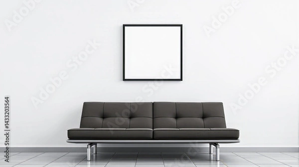 Fototapeta sleek dark gray leather couch in minimalist white room
