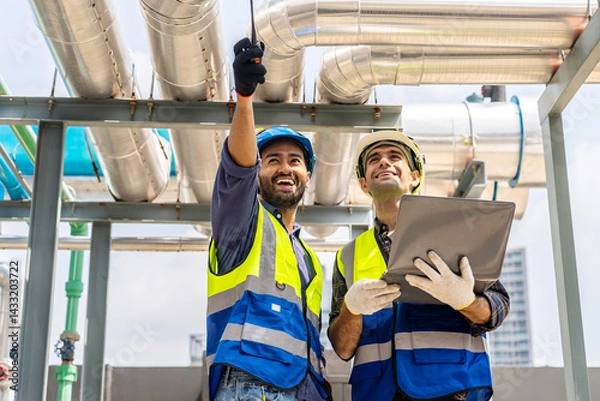 Fototapeta Collaboration, Two young construction workers discuss plans and use laptop computer while reviewing blueprints on a rooftop. They wear safety gear and oversee intricate piping systems in factory
