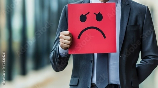 Fototapeta Caucasian businessman displays unhappy sign, symbolizing disappointment, negative feedback, business challenges, corporate performance issues.