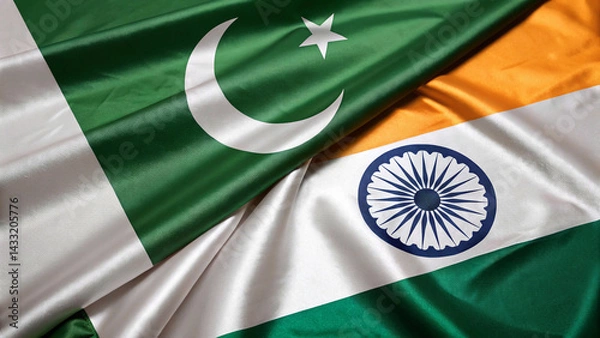 Fototapeta The textured flags of Pakistan, known for its green field and white symbols, and India, recognized by its saffron, white, and green, are depicted in an overlapping manner