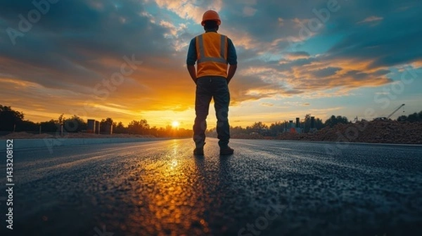 Obraz Construction worker stands looking out, watching sunset, anticipating project completion, demonstrating dedication, expertise, commitment.