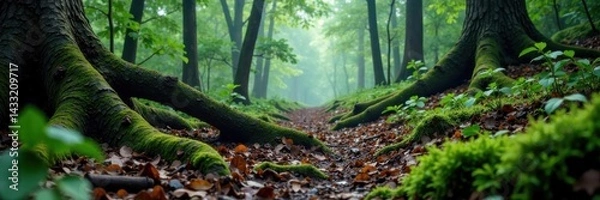 Fototapeta Misted forest floor with fallen branches and tree roots, wood texture, earthy tones, forest floor