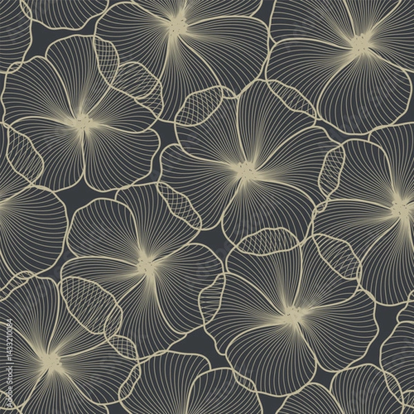 Fototapeta Black with beige flowers line art pattern vector collection. Hand made with line design pattern. Design for  wall panel decor, cover background, wallpaper and banner.