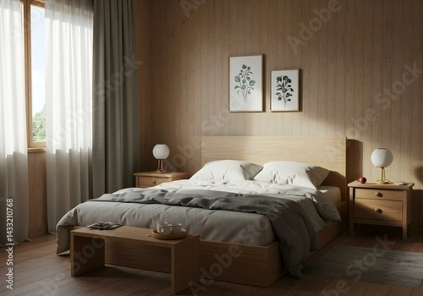 Fototapeta Japandi style bedroom design, soft morning light, minimalist decor, light wood platform bed, white linen bedding, potted bamboo plant, neutral color palette, Japanese shoji screen window